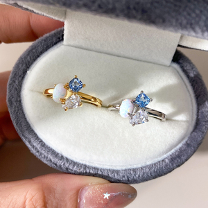 Adjustable Stackable Gold <b>Ring</b> Multi Stone <b>Ring</b> With Oval <b>Opal</b> Main Stone Blue Pear CZ Three Stone Open <b>Ring</b> <b>For</b> <b>Women</b> - Product Image 2