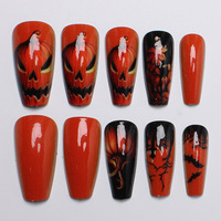 Faux ongles longs en forme de citrouille de dessin animé pour fête d'Halloween, couverture complète, pré-conçus, faits à la main, vente en gros