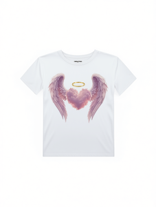 T-Shirt da Donna Christiano con Grafica Ali d'Angelo Bianche e Aureola a Cuore, Manica Corta, Collo Tondo, Casual, 100% Cotone, Stampa Digitale - Product Image 1