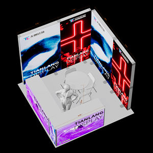 Stand d'exposition personnalisé en forme de cube avec éclairage sur quatre côtés, mur arrière entièrement illuminé avec graphique artistique en néon en forme de croix, vague violette - Product Image 5