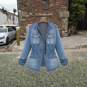 Nouvelle veste en jean coréenne automne-hiver 5XL pour femmes, veste longue ajustée, veste en jean décontractée bleu <span class=keywords><strong>marine</strong></span> effilochée pour femmes - Product Image 3