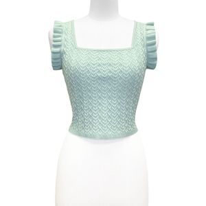 เสื้อสเวตเตอร์ถักลายริบสีเขียวมิ้นท์ คอเหลี่ยม แต่งระบายที่ไหล่ สำหรับผู้หญิง - Product Image 1