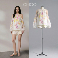 Nouvel ensemble deux pièces pour femmes, chemise à manches lanternes imprimée, short imprimé pour l'été
