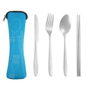 Ensemble de couverts en acier 3/4 pièces, couteaux, fourchettes, cuillères, pour la famille, les voyages, le camping, ensemble de vaisselle quatre pièces avec étui - Product Image 4