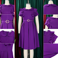 D583 Robes d'Été Tendance pour Femmes, Décontractées à Col Claudine, Manches Courtes, Volants, Coupe A-Line, Robe de Bureau Formelle pour Femmes, Carrière