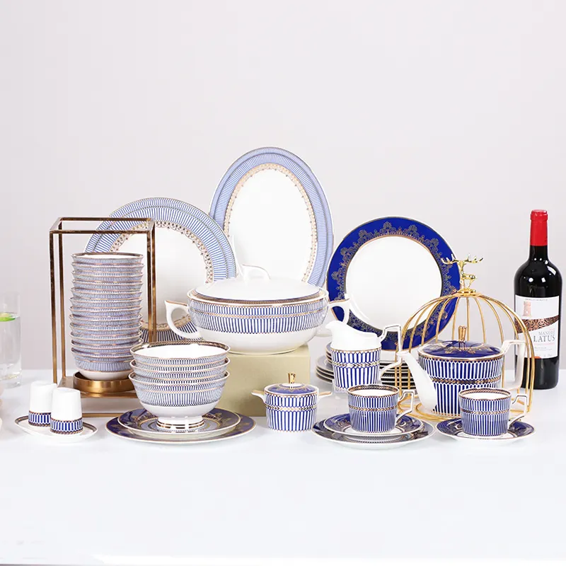 102pcs Dinner Set Gift European Style Luxury Elegant Decal Tableware Tea Set Banquet Bone China Plate Sets Dinnerware