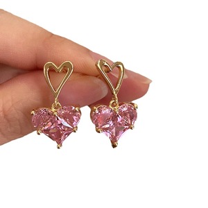 Heart-Shaped Pink Zircon Stud Earrings Gold Plated Copper 925 Silver Ear Post Everyday Wear - Product Image 5