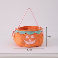 Sac de bonbons d'Halloween en forme de citrouille, mignon, brodé, en tissu de coton, avec poignée rose et dispositif de sécurité pour fête d'Halloween