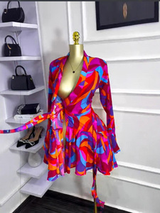 Women's Wrap V-Neck Ruffled <b>Mini</b> Dress - Bold Geometric <b>Print</b> Long Sleeve Party Womens Dresses Fashion - Product Image 3