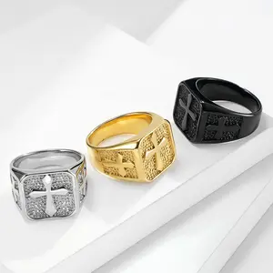 Trendy Black Zirconia Men's Fashion Jewelry Wide New Cross Stainless Steel Ring Set With Inlay Setting Technology