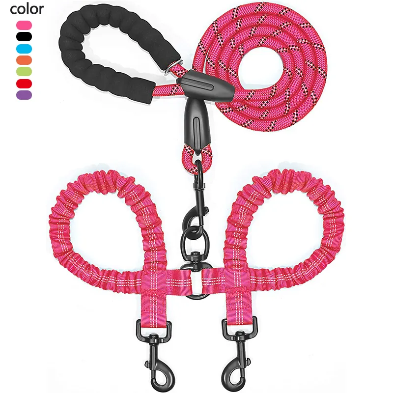 Hot Selling Dog Dual Leash Threads Strong Rope Bungee Nylon Double Reflective Pet Dog Leash For Medium Large Dogs