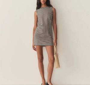 Robe Courte d'Été Sans Manches à Carreaux pour Femme, Col Rond, Coupe Moulante, Décontractée, Respirante, Tissée, Taille Naturelle - Product Image 1