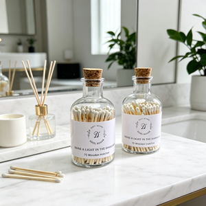 Fósforos de Segurança Longos e Sólidos de Madeira com Rolha de Cortiça em Garrafa de Vidro Transparente Personalizada para Velas Aromáticas e Banheiro - Product Image 1