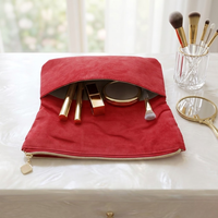 Pochette de maquillage portable réutilisable en daim rouge de luxe avec fermeture éclair, logo personnalisé, mini emballage cadeau pour soins de la peau, parfum, GWP promotionnel