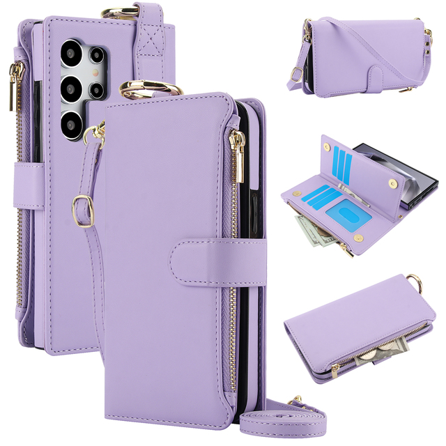 For Samsung Galaxy S25Ultra/S26 Ultra/S26/S26 Plus/S25/A16/A15/A55/A57 Flip Cover Card Pocket Zipper Purse Crossbody Strap Case
