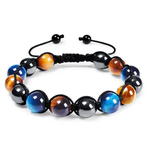Großhandel 10mm Blue Tiger Eye Hämatit Perlen Geflochtenes Armband Verstellbare Naturstein Perlen Armbänder Schmuck