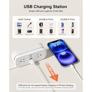 Multiprise de voyage avec cordon enroulable de 1,5 m, 4 prises CA, 4 ports USB, fiche plate, essentiels pour croisière, blanc - Product Image 3