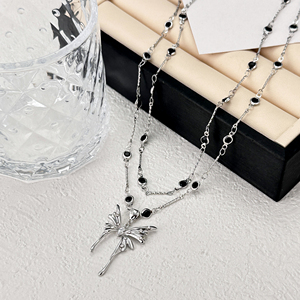 Collana moda a doppia catena in ottone rodio oro bianco K ciondolo a farfalla bianco zirconio diamante nero collana di pietra - Product Image 3