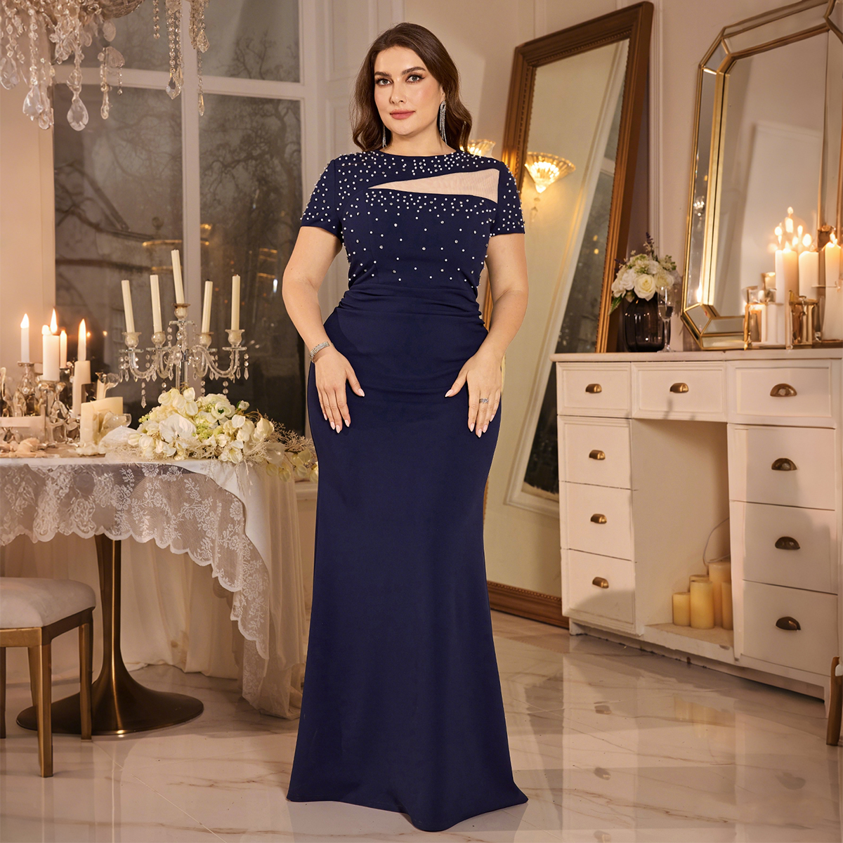 black mini dress semi formal Navy Blue Lace High Neck Tulle Long Prom Dress Evening Dresses US0 / Custom Color