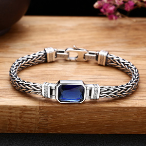 Bracciale in argento Sterling 925 per uomo intrecciato a mano intarsiato bracciale in zircone blu gioielli Punk retrò tipo maschile - Product Image 4