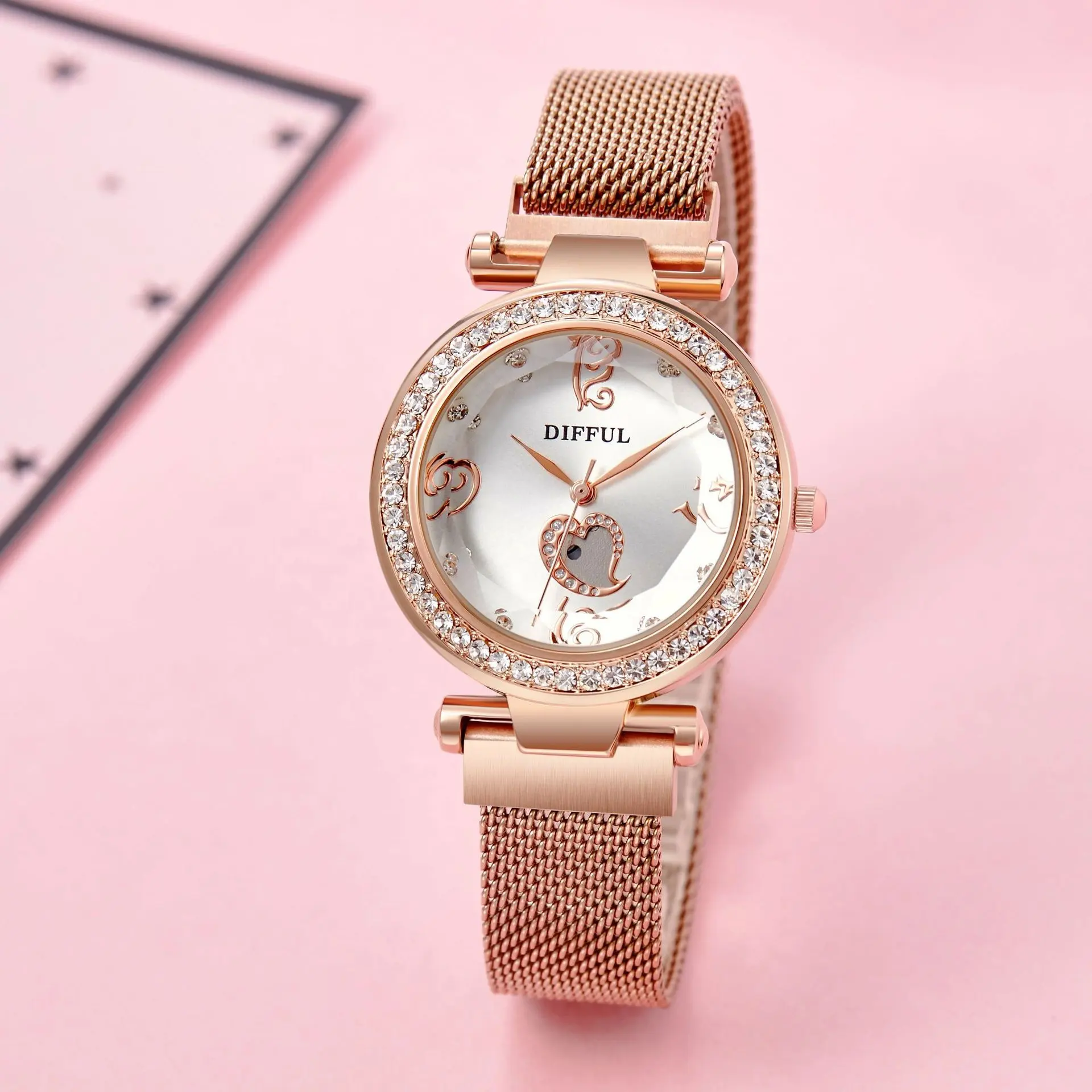 Love Heart Shaped магнитные часы для женщин в виде бриллиантового украшения из розового золота для женщин и девушек, магнит часы
