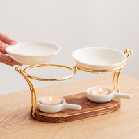 Nouveau diffuseur d'huiles essentielles créatif en céramique à deux pots avec base en bois, support pour bougie chauffe-plat, chauffe-huile d'aromathérapie