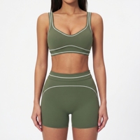 Conjunto de yoga de 2 piezas sin costuras transpirable con costuras en contraste: sujetador deportivo de soporte + shorts de cintura alta que realzan los glúteos