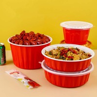 Bol alimentaire jetable en plastique rouge et blanc de calibre 150, avec couvercle, pour nouilles, soupes et repas à emporter, idéal pour la restauration à domicile