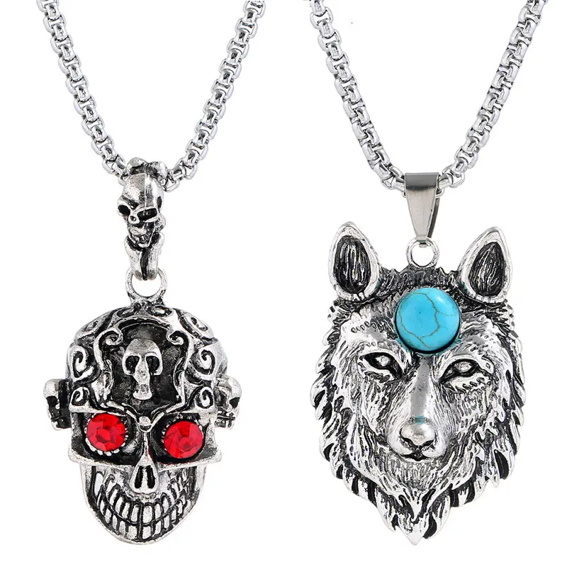 Оптовая продажа, цепочка из нержавеющей стали в стиле панк-рок, ожерелье с волком, готическое ожерелье с черепом, мужские и женские ювелирные изделия