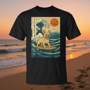 T-shirt giapponese con stampa bulldog francese che fa surf, unisex, taglia media per adulti - Product Image 3