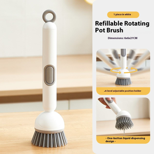 Brosse de nettoyage de cuisine en plastique à long manche pour la vaisselle et le nettoyage des casseroles avec ajout de liquide, fonctions rotatives et suspendues - Product Image 2