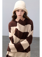 Pull-over ample à col rond pour femme en cachemire pur à 100 %, rayé, vintage, avec ourlet et poignets côtelés, chaud et doux pour l'hiver