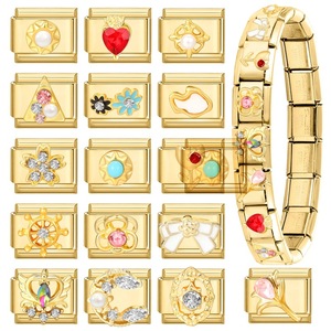 HP258 Bracelet DIY à modules italiens en acier inoxydable avec <span class=keywords><strong>base</strong></span> dorée, élément nuage blanche, fleur et breloque cœur, style 'Love' - Product Image 3