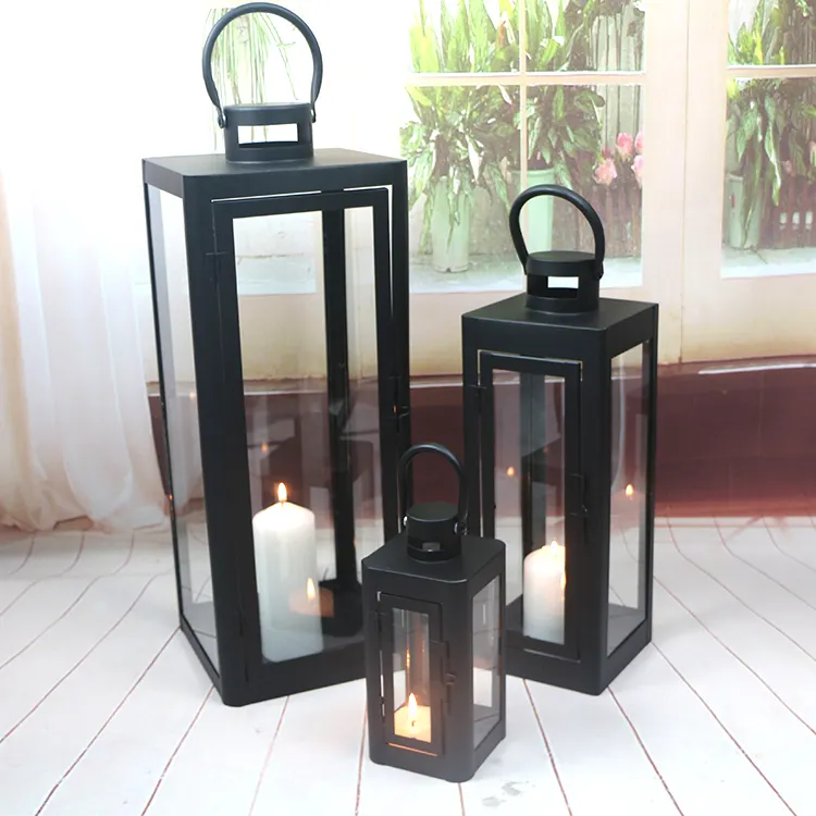 Set Of 3 New product Decoration Modern Outdoor And Indoor Black metal Candle Lantern
