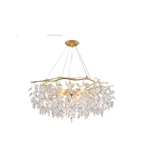 Meerosee Ring Crystal Leaf Chandelier Round Garland Gold Metal Design Pendant Lamp Ring Shape Crystal Chandelier MD86838