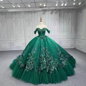 럭셔리 그린 빛나는 아플리케 3D 꽃 볼 가운 연인 목 Quinceanera 생일 파티 무도회 드레스 - Product Image 1