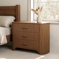 Table de chevet rustique style ferme à 3 tiroirs, en bois cannelé, coins arrondis, meuble d'appoint pour chambre et salon