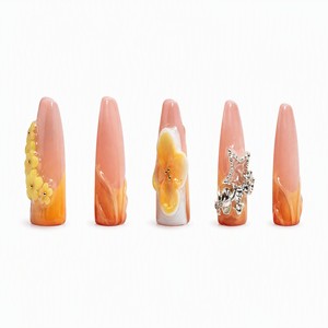 Pink <b>Orange</b> Gradient <b>Press</b> on Nails 3D Flower Rhinestone Heart Star False Nail Set for Salon Party - Product Image 2
