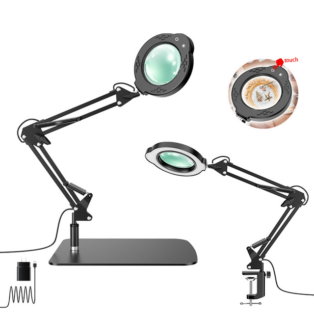 LED Long-Arm Magnifying Lamp Adjustable Color Temperature Touch-Sensitive Control USB-Powered Eye-Protecting Clip-On Desk Lamp