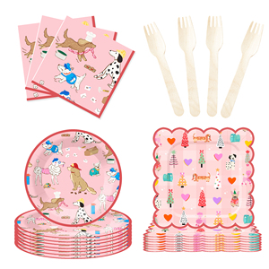 DAMAI - Juego de Vajilla Desechable con Diseño de Perros para Fiesta de Cumpleaños, Color Rosa, Incluye Platos de Papel, Pancarta y Mantel - Product Image 3