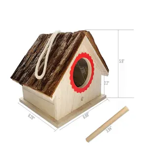 Cao county factory customized wood hanging bird house Finch Wren bird nest wooden house for bird for Outdoor Hanging with bark