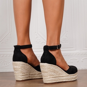 Sandales <span class=keywords><strong>compensées</strong></span> décontractées pour femmes à bout rond en microfibre avec bride de cheville, style espadrille, vente en gros d'usine - Product Image 2