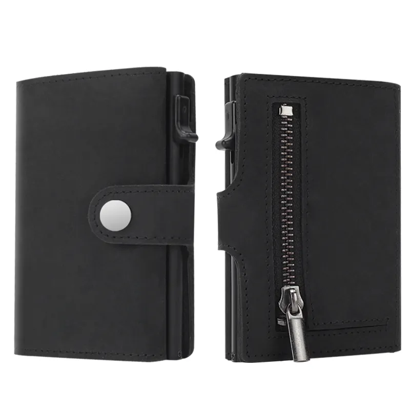 High Quality Vintage Aluminium Box Customized Men Business Id Credit Card Holder Rfid Leather Wallet With Zipper