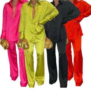 时尚长袖衬衫上衣宽腿裤女优雅2件套缎面套装女士套装休闲装 - Product Image 2