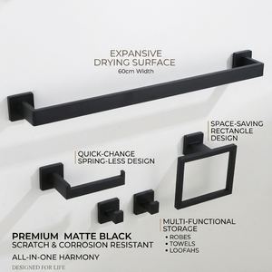 Porte-serviettes mural noir en acier inoxydable, design minimaliste, pour salle de bain, 1 barre de plus de 60 cm de longueur - Product Image 2