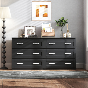 Modern Black Wood Side <b>Cabinet</b> with 6 Drawers Metal Handles Adjustable Height Storage Organizer for Hotel Living Room Bedroom - Product Image 3