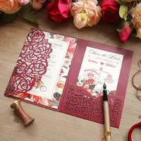 Luxo personalizado Kits de Laser Cut Oco Subiu Bolso dos Convites Do Casamento Cartões Convites De Casamento com Envelopes