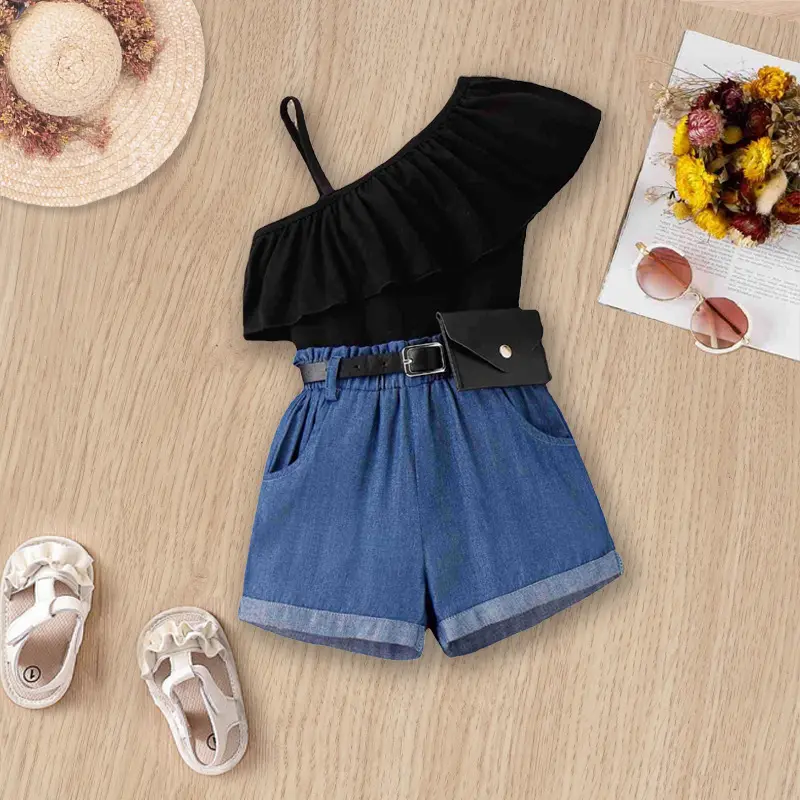 2023 Wholesale Children Wear Ruffled Oblique Shoulder Sleeveless Solid Top Denim Shorts with Waist Bag Girls Clothes Sets