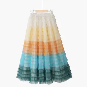 Q31139 Fluffy A-line Skirt dress Rainbow Autumn Tiered Gradient Maxi Long Women Tulle Mesh Cake Skirt