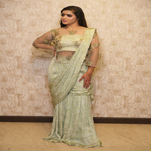 Elegant Green color Drape Saree look with Embroidered <b>Top</b> for Wedding <b>Indian</b> Traditional wear women floor Length Regular Fit - Product Image 1